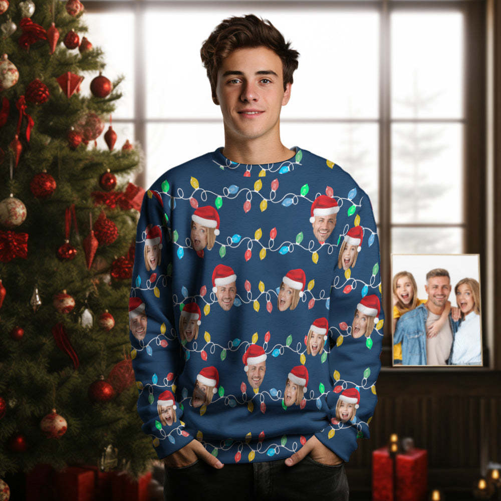Pull À Col Rond Pour Hommes, Visage Personnalisé, Photo De Noël, Famille, Led, Pulls -
