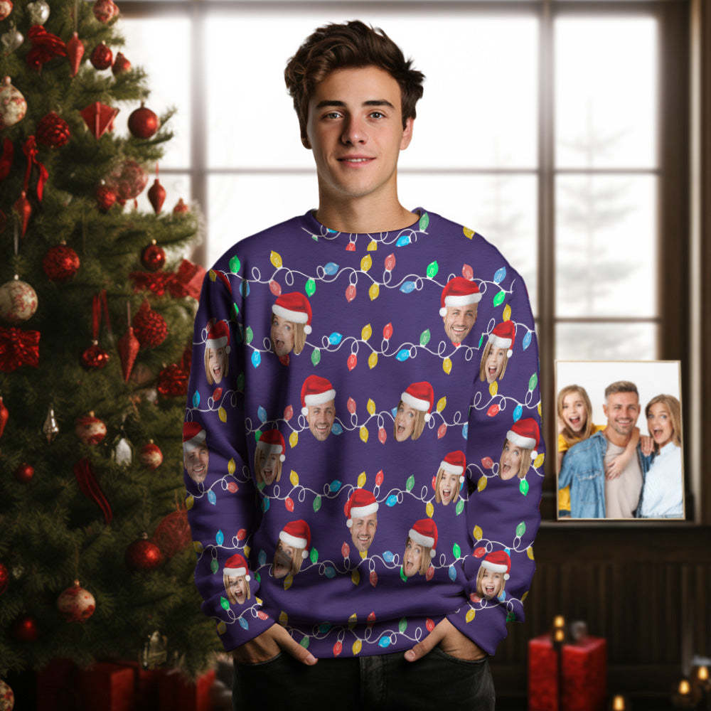 Pull À Col Rond Pour Hommes, Visage Personnalisé, Photo De Noël, Famille, Led, Pulls -