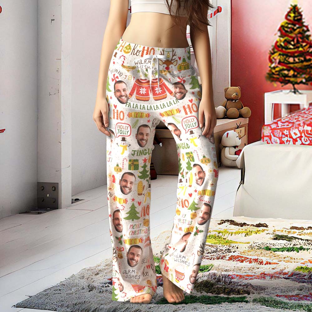 Pantalon De Visage Personnalisé Pantalon De Pyjama Ample À Jambes Larges Pour Femme Joyeux Noël Hohoho -