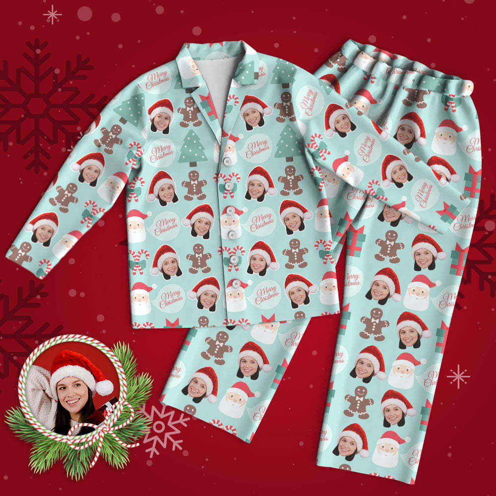Pyjama Visage Personnalisé Pyjama Photo Personnalisé Père Noël Et Bonhomme En Pain D'épices Joyeux Noël -