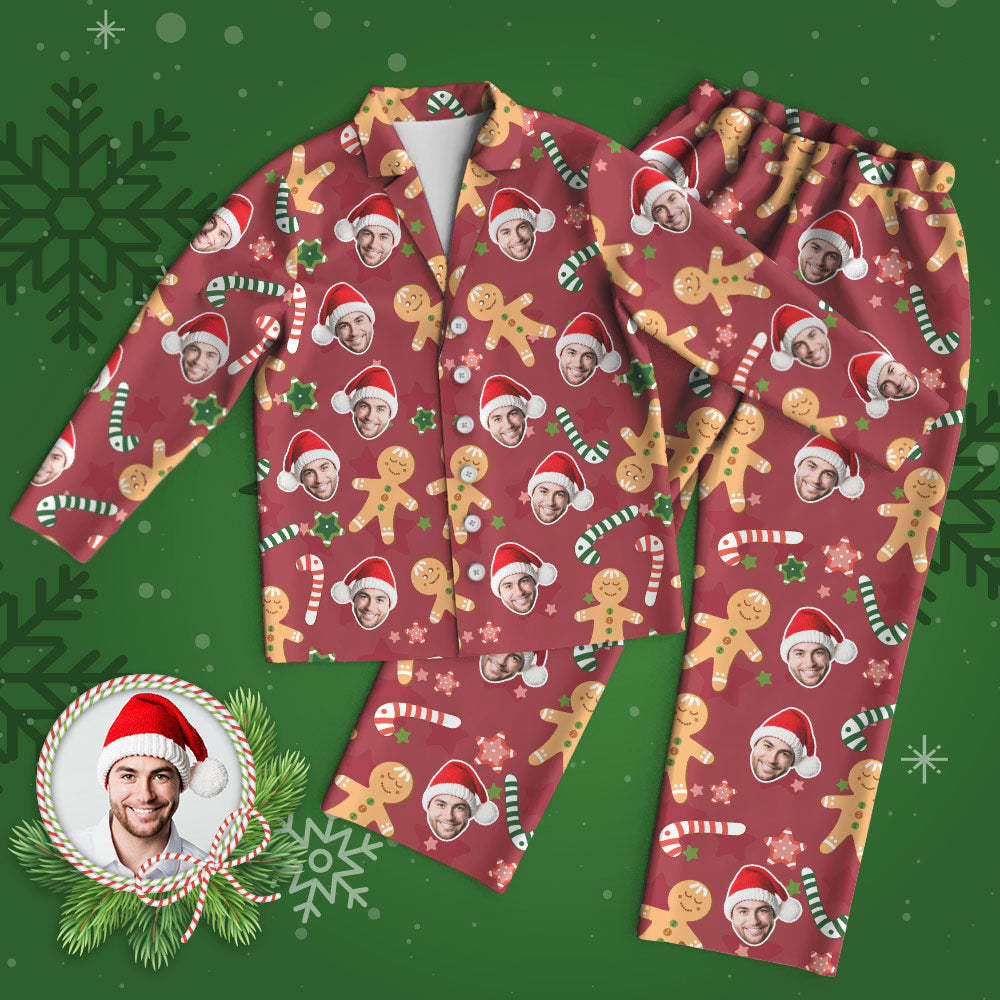 Pyjama Visage Personnalisé Pyjama Photo Rouge Personnalisé Mignon Bonhomme En Pain D'épice Cadeaux De Noël -