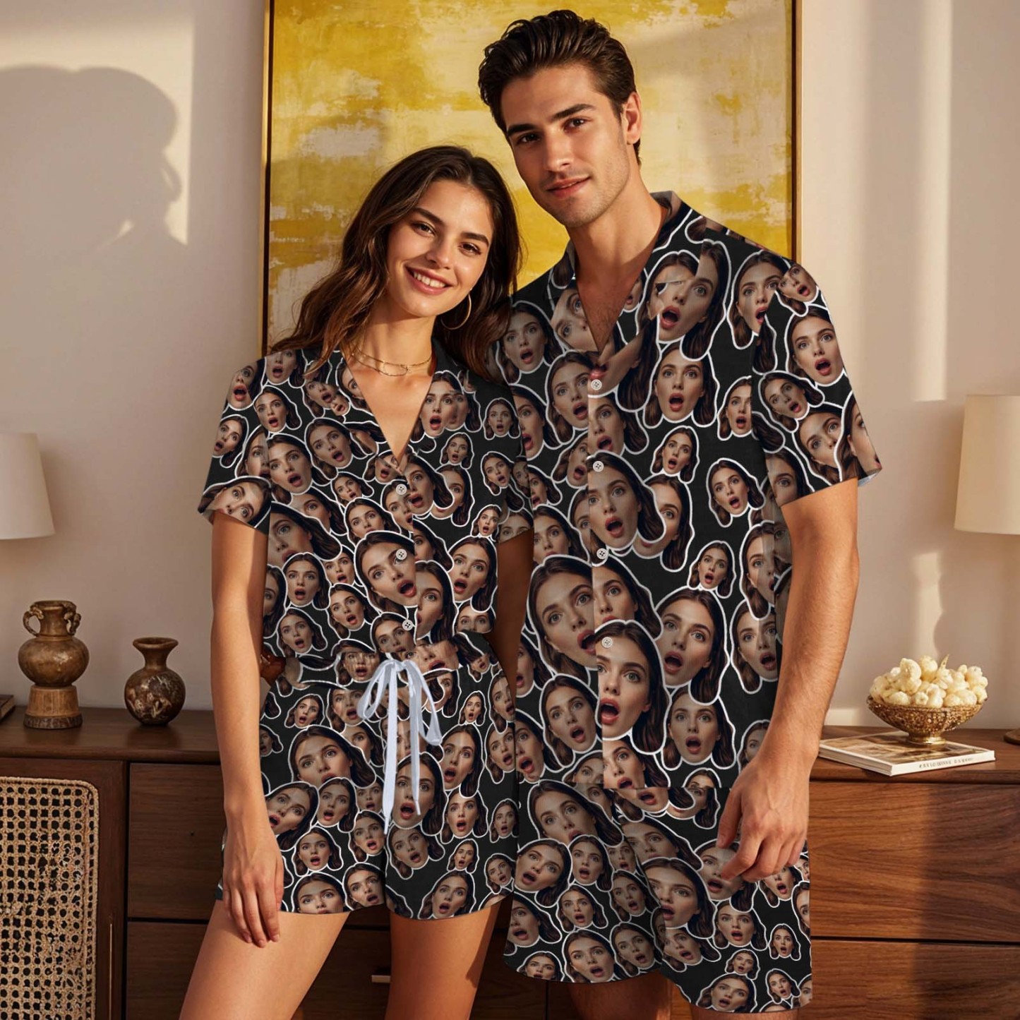 Pyjamas À Manches Courtes Avec Visage Personnalisé Vêtements De Nuit Personnalisés Pour Femmes Cadeaux D’amour Pour Elle - MaPhotochaussetteFr