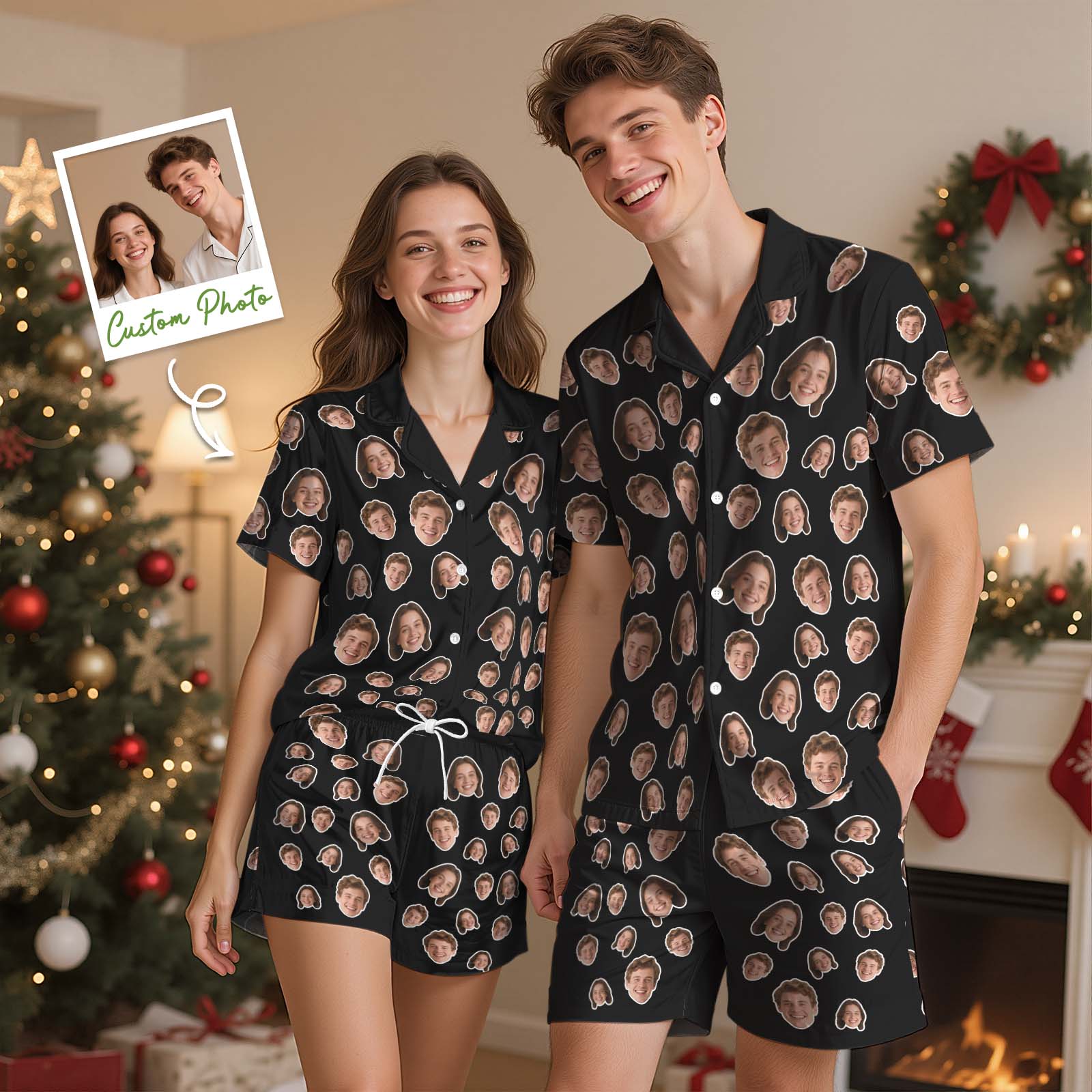 Pyjama À Manches Courtes Personnalisé Avec Le Visage De Votre Amoureuse - Vêtements De Nuit Personnalisés - Cadeaux D'amour Pour Elle - Cadeaux De Noël
