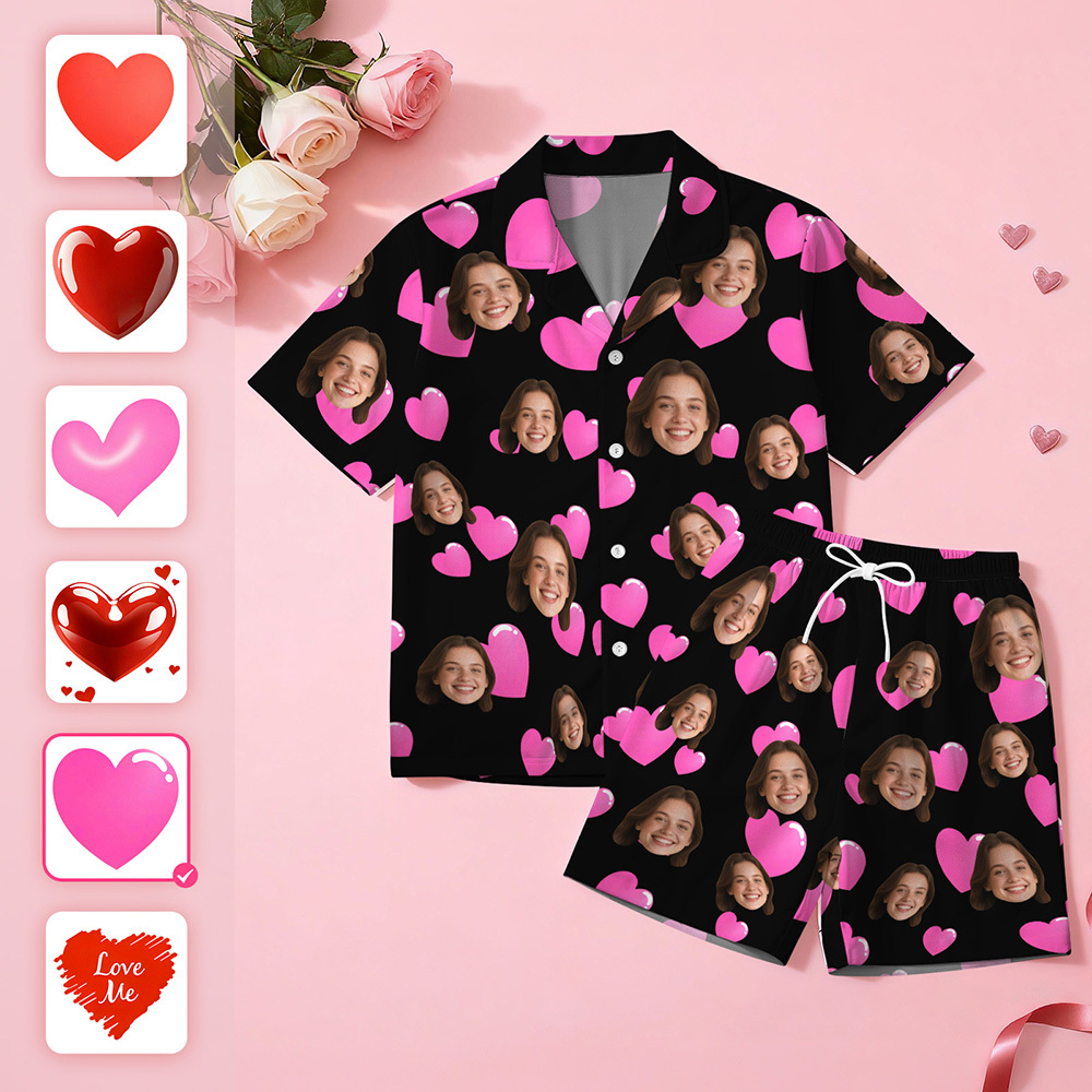 Pyjamas À Manches Courtes Personnalisés Avec Visage Et Cœur, Vêtements De Nuit Pour Couples, Cadeaux De Saint-valentin Pour Lui - MaPhotochaussetteFr