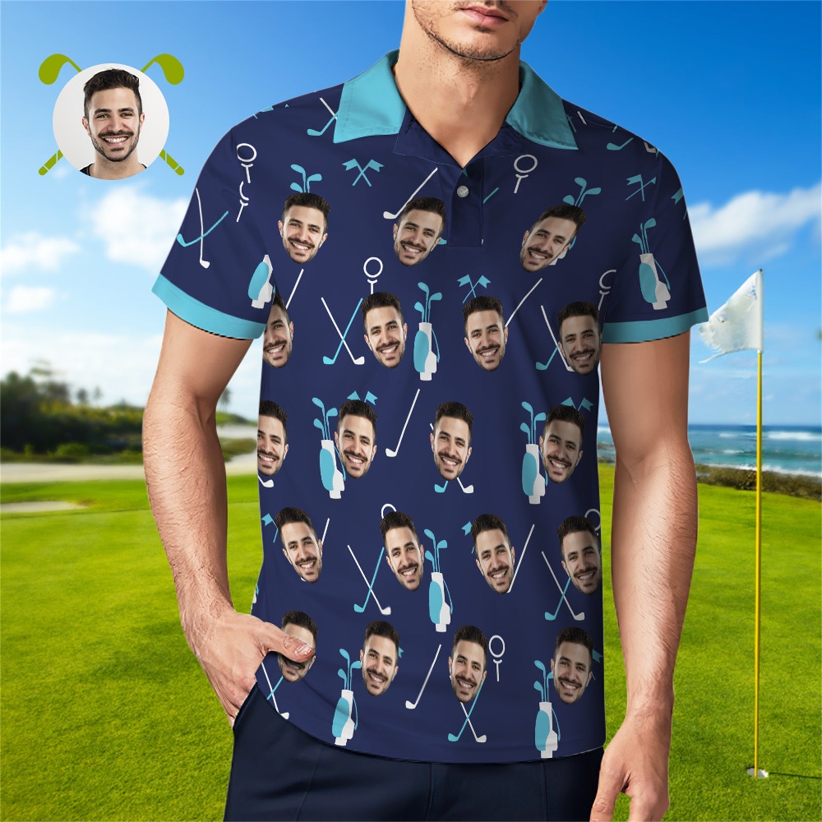 Polo Bleu Visage Personnalisé Pour Hommes Chemises De Golf Personnalisées