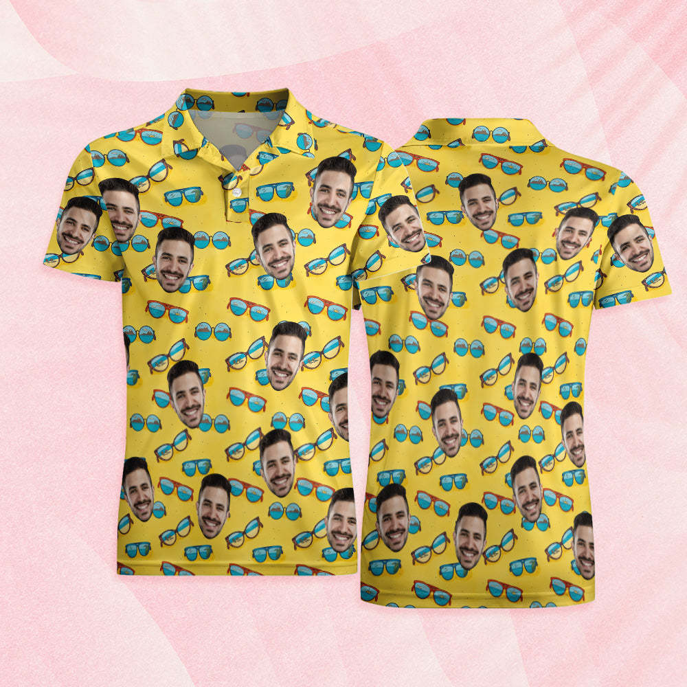 Polo Hawaïen Personnalisé Pour Hommes, Lunettes De Soleil, Jaune - MaPhotochaussetteFr