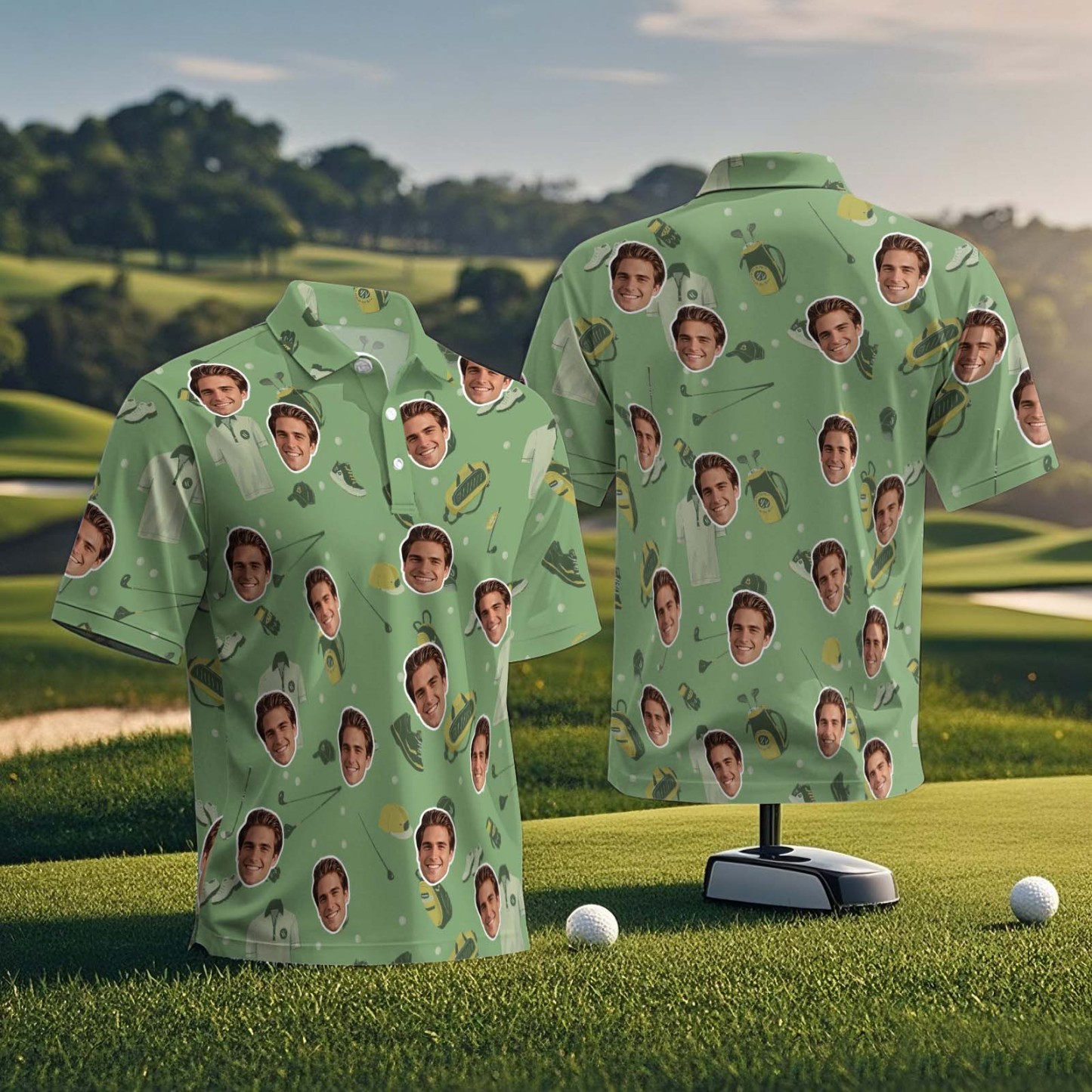 Polo Personnalisé Pour Golfeur Avec Visage Sur Chemise, Cadeaux Pour Mari, Chemise De Golf Verte À Manches Courtes Personnalisée Pour Parcours De Golf - MaPhotochaussetteFr