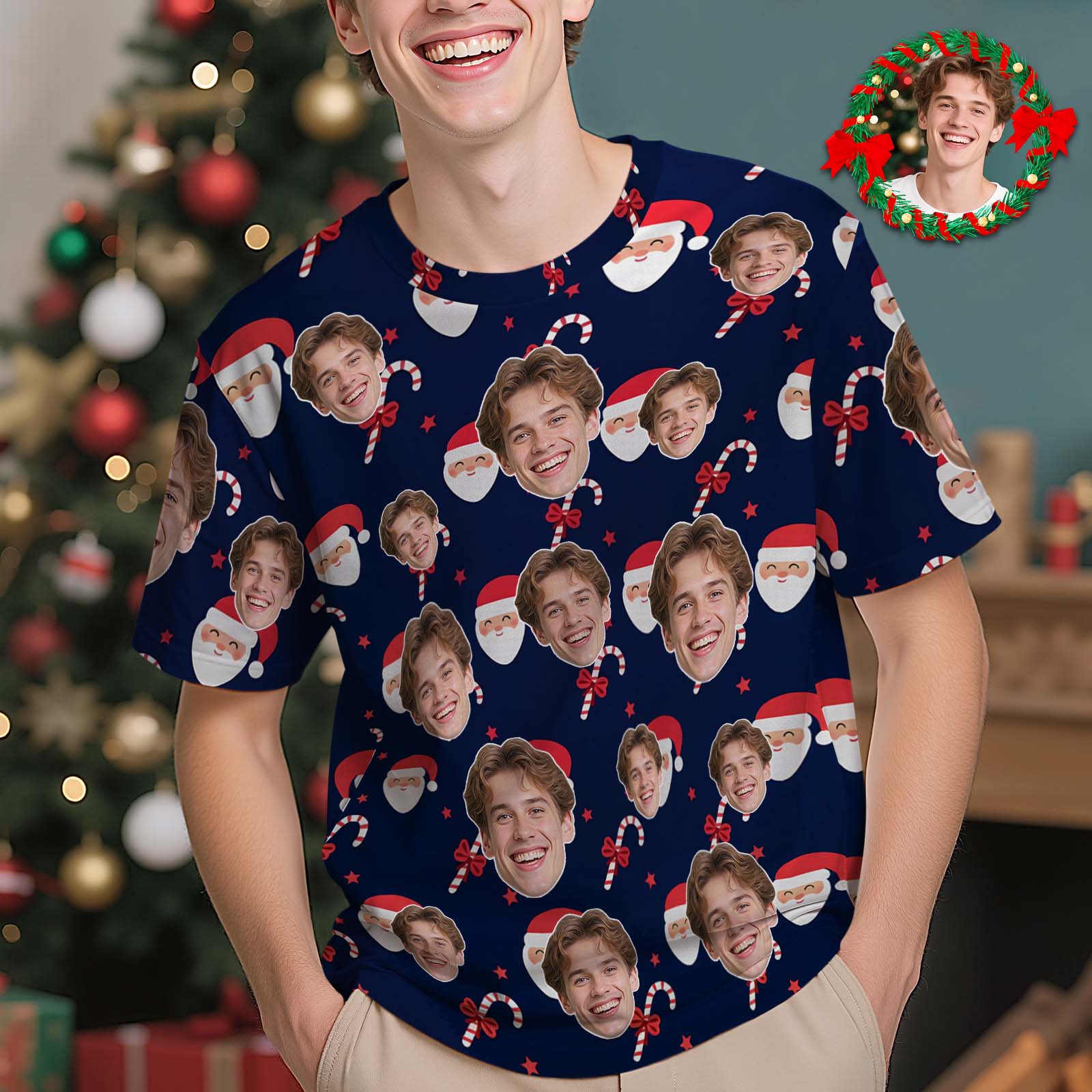 T-shirt De Noël Personnalisé Avec Photo Père Noël T-shirt Bleu De Vacances Personnalisé Pour La Famille, Les Amis, Les Couples, Cadeau De Noël