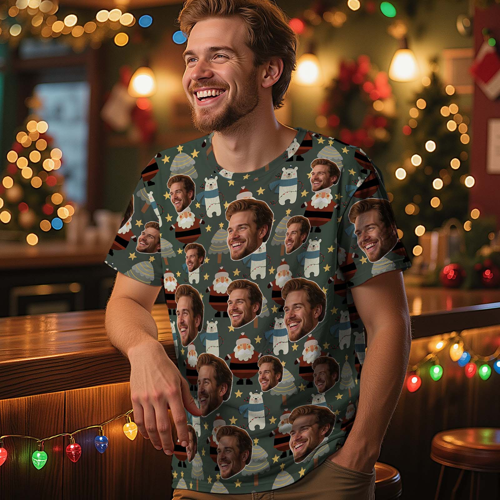 T-shirt De Noël Personnalisé Avec Photo Père Noël Vert Foncé T-shirt De Vacances Personnalisé Pour Famille Amis Couples Cadeau De Noël