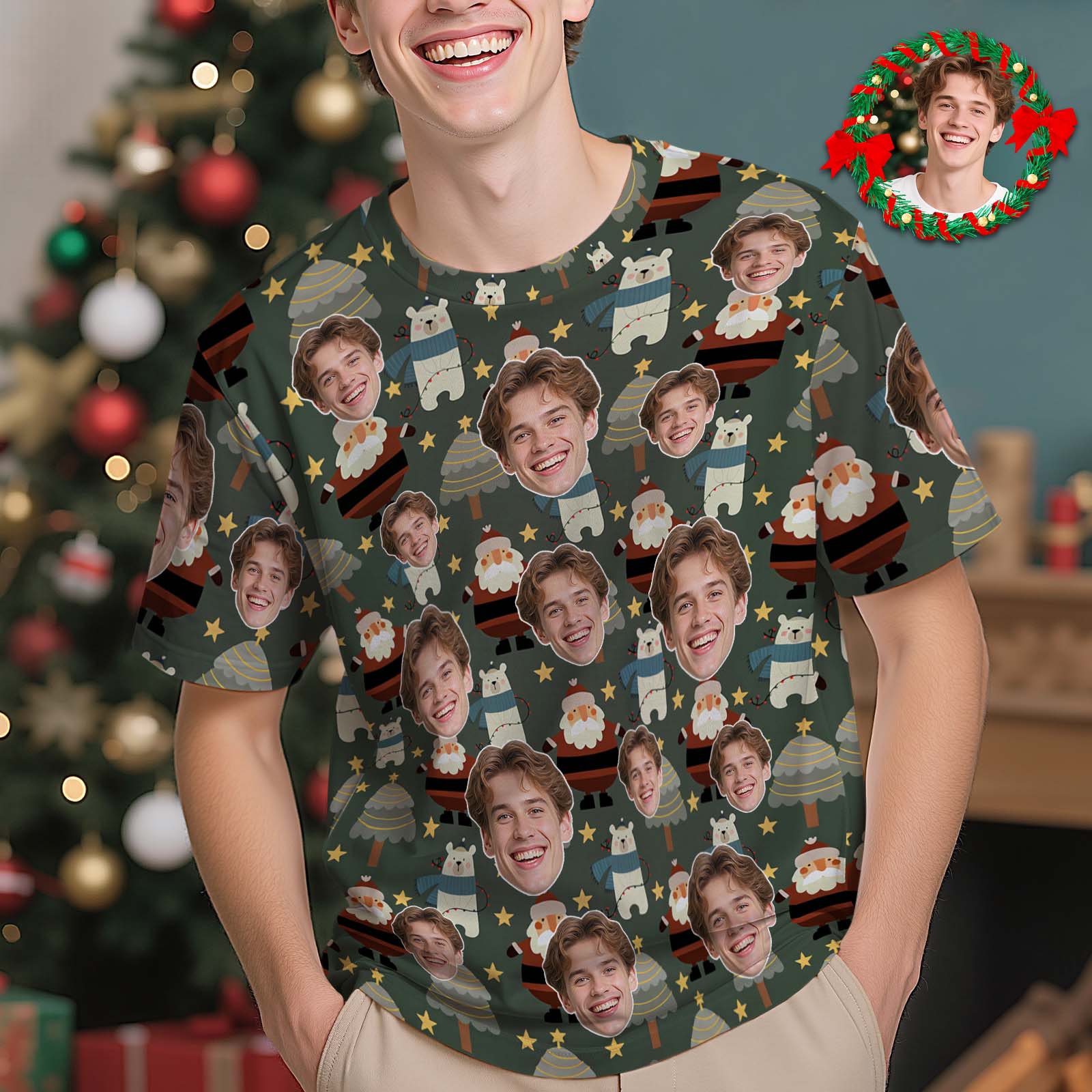 T-shirt De Noël Personnalisé Avec Photo Père Noël Vert Foncé T-shirt De Vacances Personnalisé Pour Famille Amis Couples Cadeau De Noël