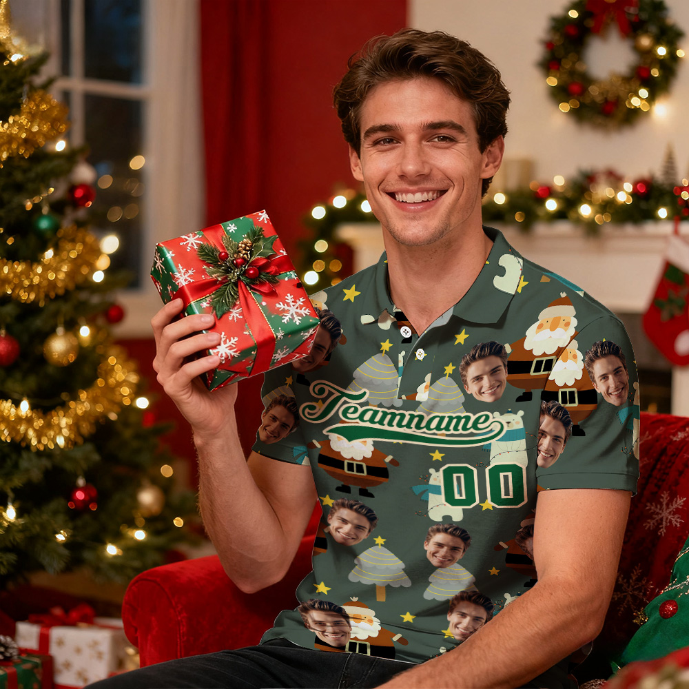 Polo De Noël Vert Foncé Avec Visage Et Texte Personnalisés Père Noël Polo De Golf De Performance Père Noël De Noël