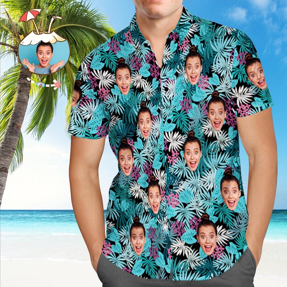 Chemise Hawaïenne Visage Personnalisé Feuilles Colorées Chemises Hawaïennes Personnalisées -