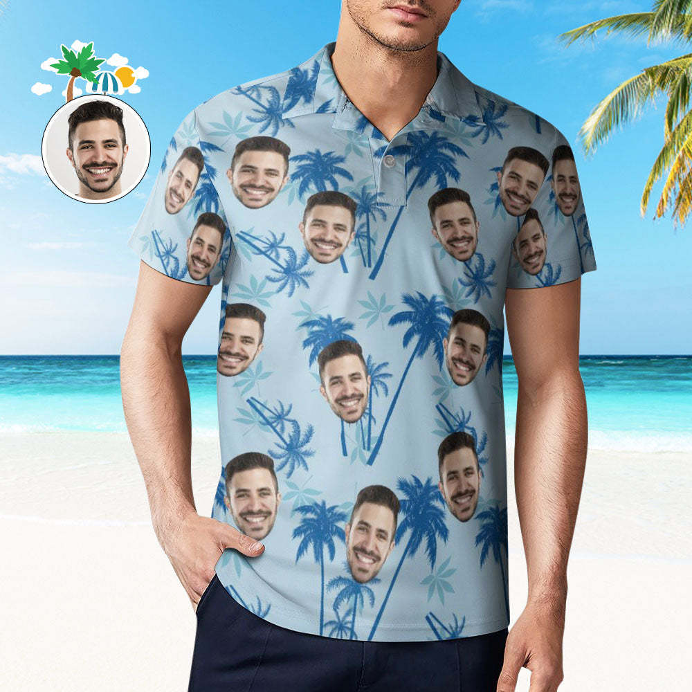 Polo De Visage Personnalisé Pour Hommes Chemises De Golf Hawaïennes Bleu Clair Personnalisées -