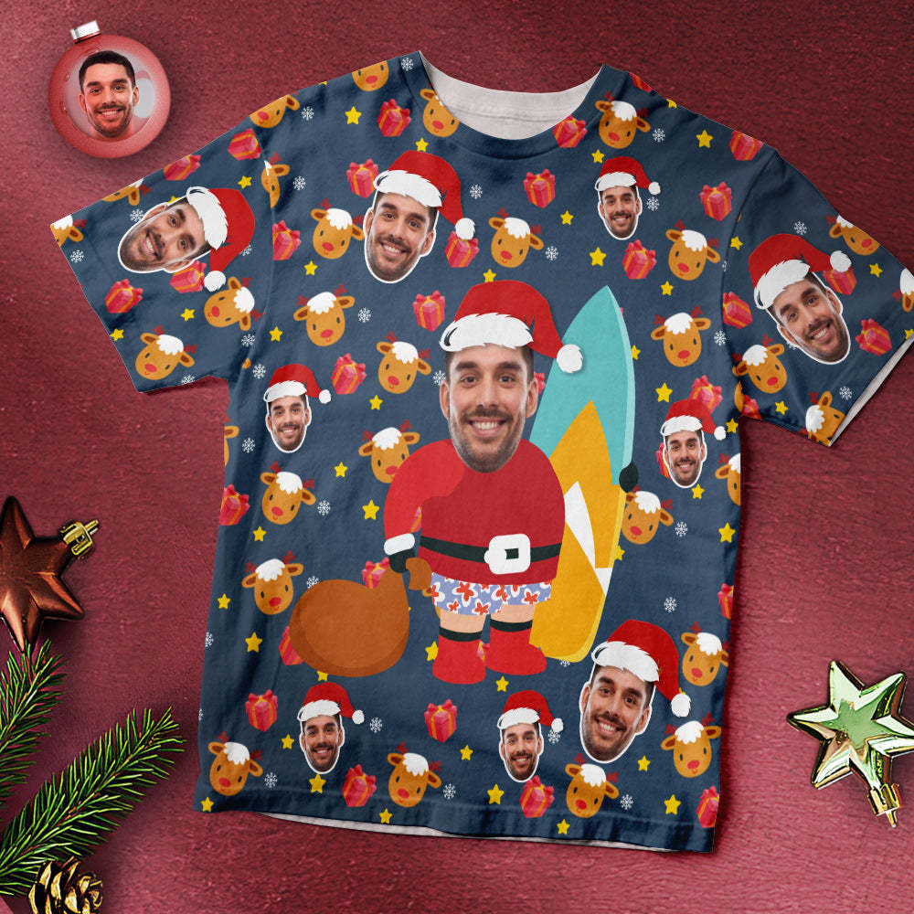 T-shirt Visage Personnalisé Père Noël Surfant Cadeaux De Noël -