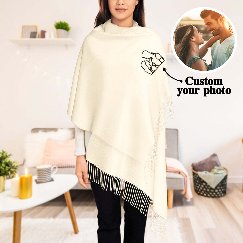 Personalized Embroidery Scarf Custom Line Drawing Scarf Warm Fringe Shawl Gift for Lovers -