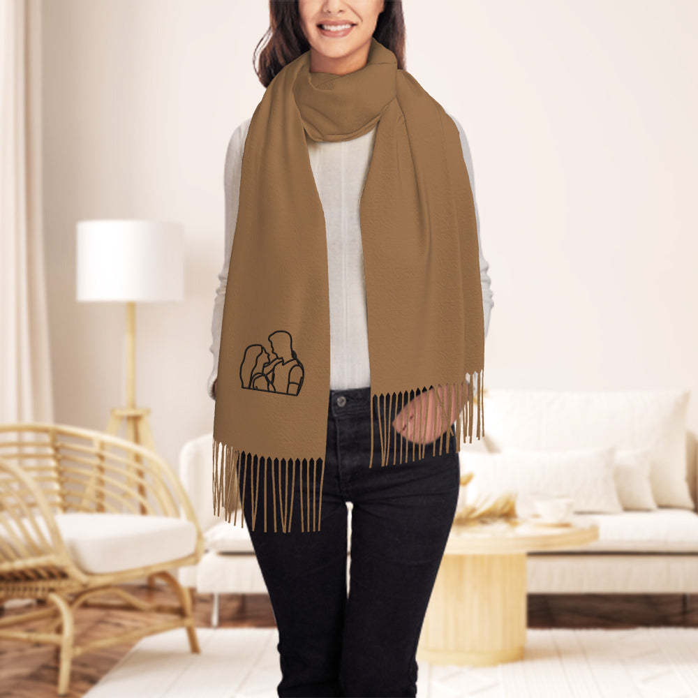 Personalized Embroidery Scarf Custom Line Drawing Scarf Warm Fringe Shawl Gift for Lovers -