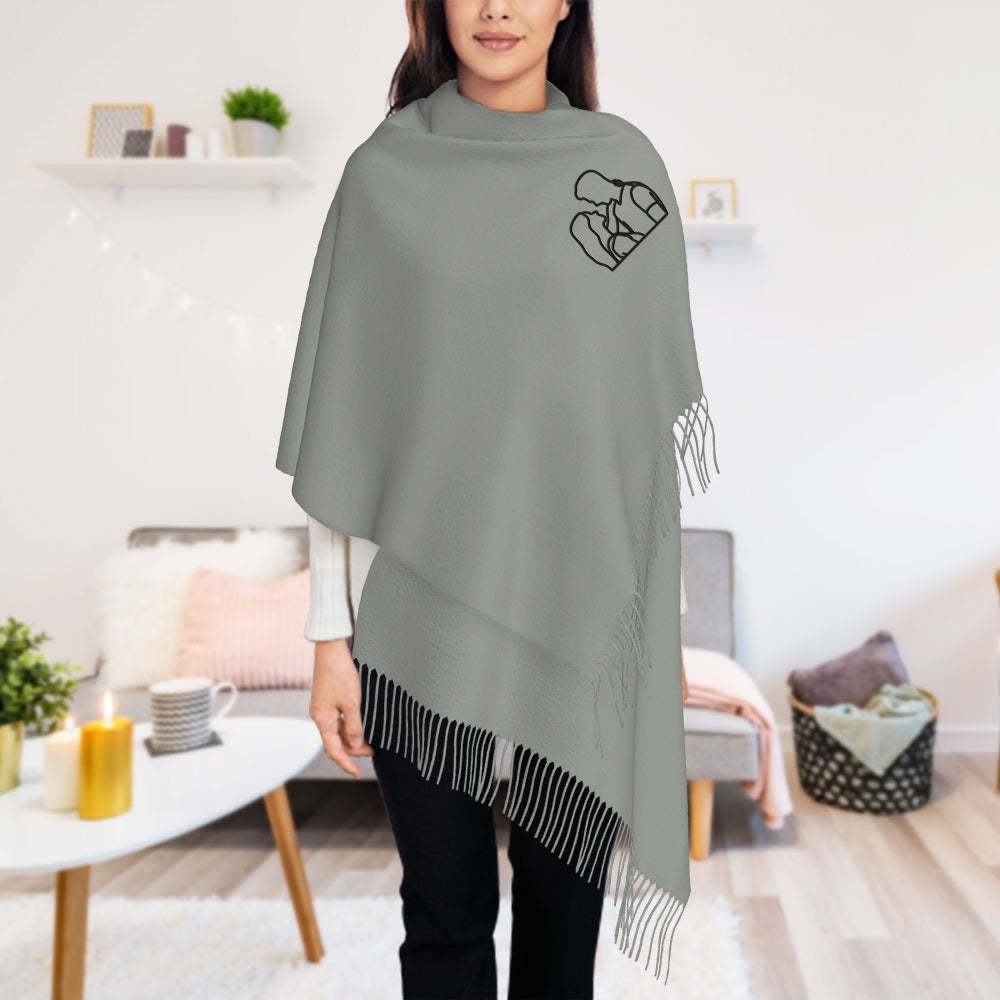 Personalized Embroidery Scarf Custom Line Drawing Scarf  Warm Fringe Shawl Gift for Lovers -