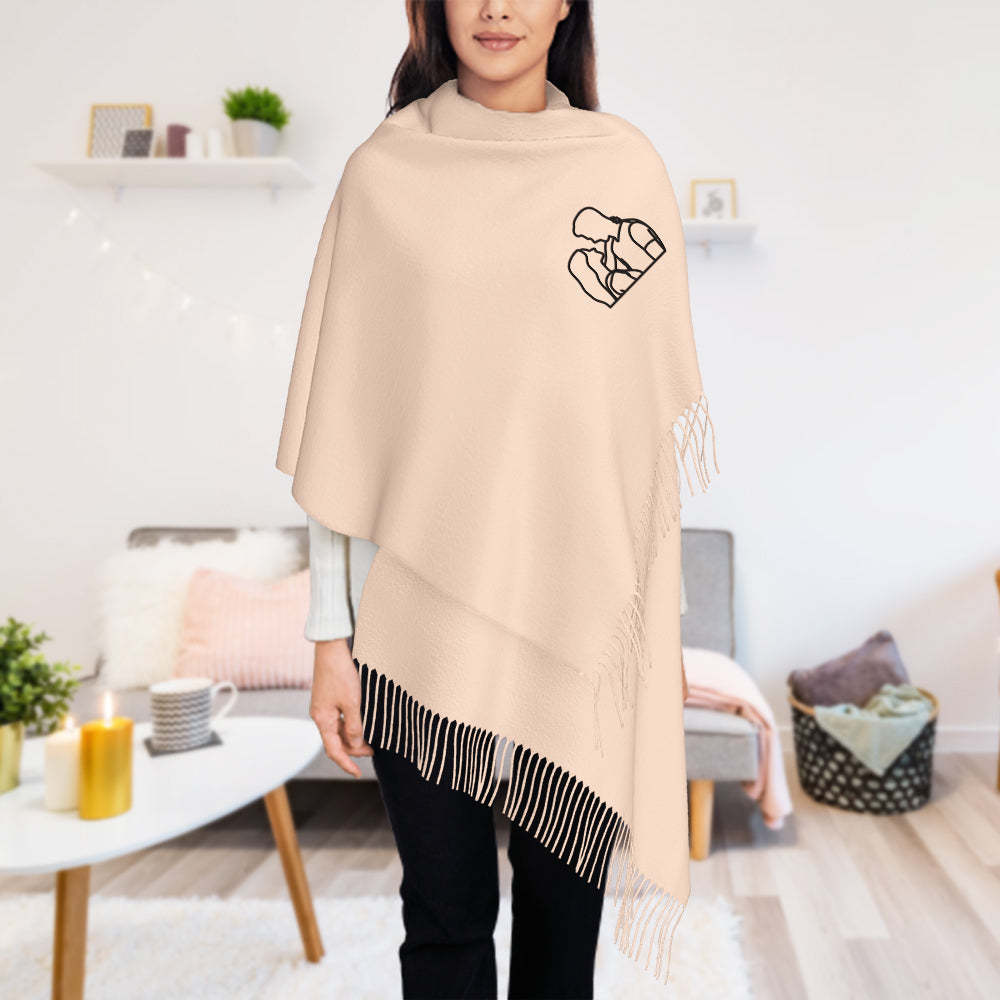 Personalized Embroidery Scarf Custom Line Drawing Scarf  Warm Fringe Shawl Gift for Lovers -