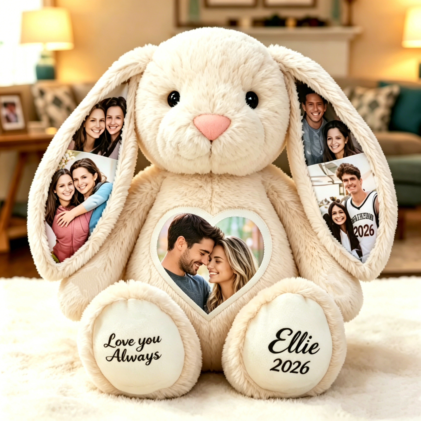 Peluche De Lapin Avec Photo De Cœur Personnalisée – Image D'oreille Cachée Personnalisée Avec Texte Personnalisé, Cadeau D'anniversaire Pour Les Couples - MaPhotochaussetteFr