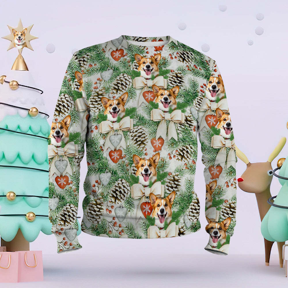 Sweat-shirt De Noël Unisexe Avec Visage Personnalisé, Chemise À Col Ras Du Cou Imprimée Et Décontractée Avec Pomme De Pin De Noël -