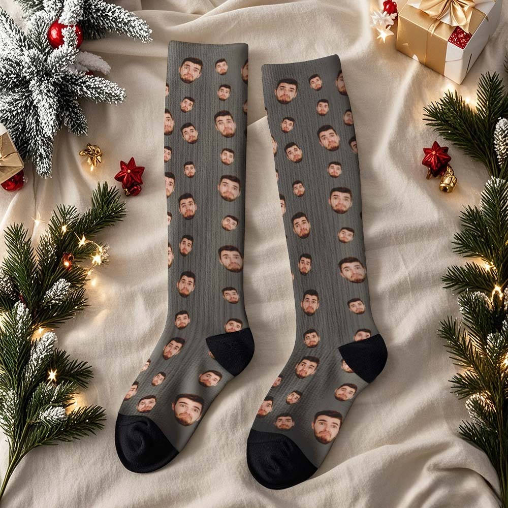 Chaussettes Hautes Personnalisées Avec Visage, Chaussettes Personnalisées, Chaussettes D'hiver Joyeux Noël - MaPhotochaussetteFr