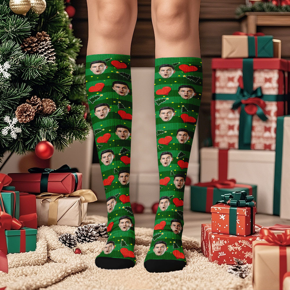 Chaussettes Hautes Personnalisées Avec Visage, Chaussettes Personnalisées, Chaussettes D'hiver Joyeux Noël - MaPhotochaussetteFr