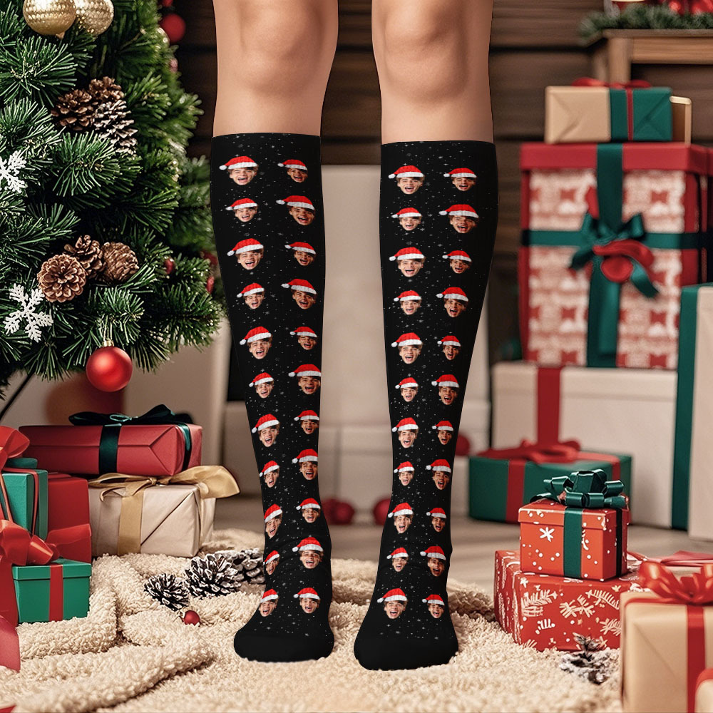 Cadeaux De Noël Chaussettes Hautes Avec Visage Personnalisé Chaussettes De Noël Personnalisées Joyeux Noël Bleu - MaPhotochaussetteFr