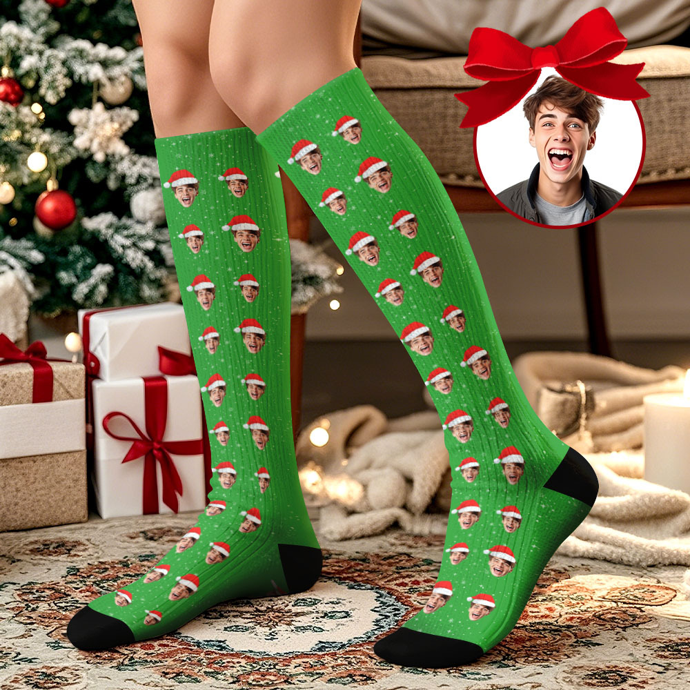 Cadeaux De Noël Chaussettes Hautes Avec Visage Personnalisé Chaussettes De Noël Personnalisées Joyeux Noël Bleu - MaPhotochaussetteFr
