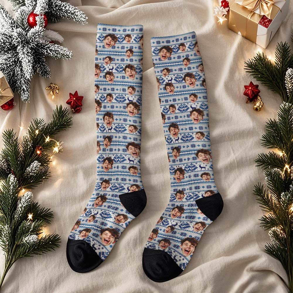 Cadeaux De Noël Chaussettes Hautes Avec Visage Personnalisé Chaussettes De Noël Personnalisées Joyeux Noël Bleu - MaPhotochaussetteFr