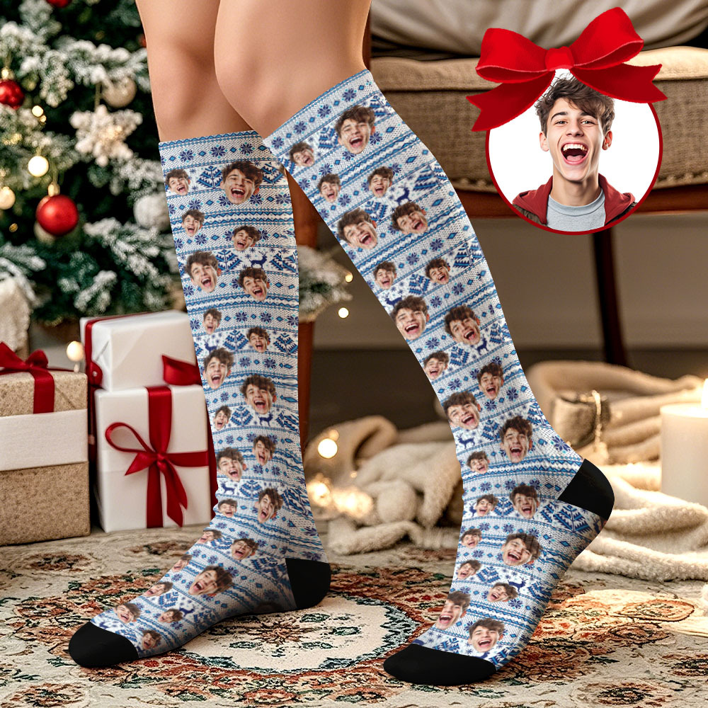 Cadeaux De Noël Chaussettes Hautes Avec Visage Personnalisé Chaussettes De Noël Personnalisées Joyeux Noël Bleu - MaPhotochaussetteFr