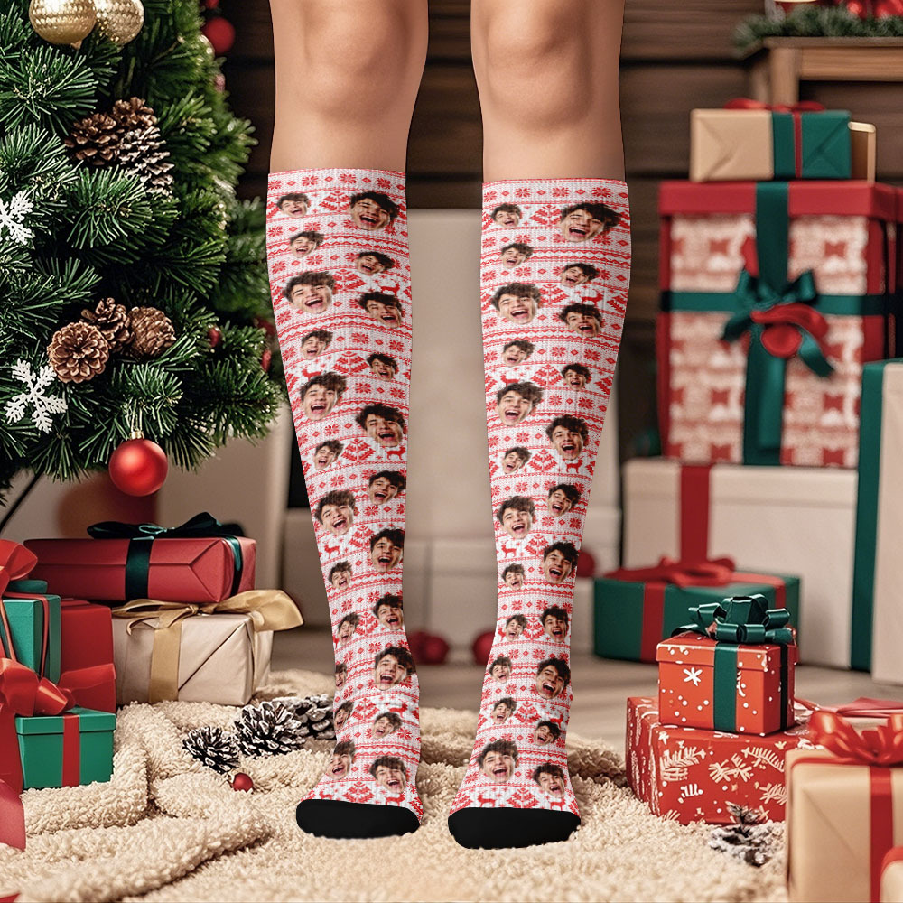 Cadeaux De Noël Chaussettes Hautes Avec Visage Personnalisé Chaussettes De Noël Personnalisées Joyeux Noël Bleu - MaPhotochaussetteFr