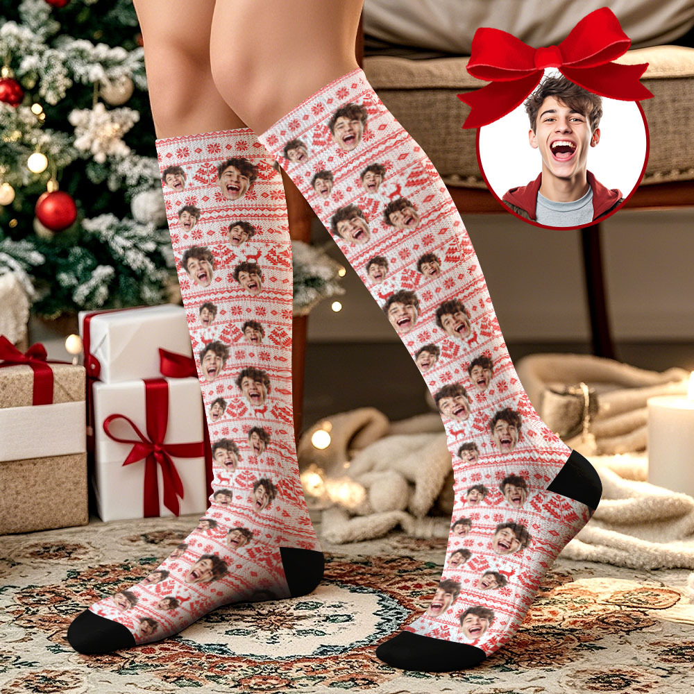 Cadeaux De Noël Chaussettes Hautes Avec Visage Personnalisé Chaussettes De Noël Personnalisées Joyeux Noël Bleu - MaPhotochaussetteFr