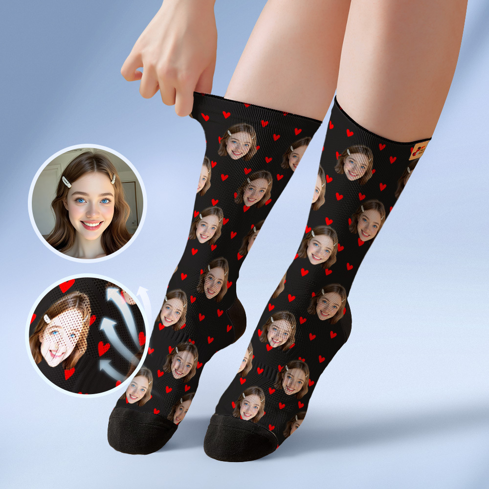 Chaussettes Personnalisées En Forme De Cœur, Chaussettes Rouges Personnalisées Avec Photo De Visages, Cadeau Amusant, Photo De Couple, Chaussettes De Famille - MaPhotochaussetteFr