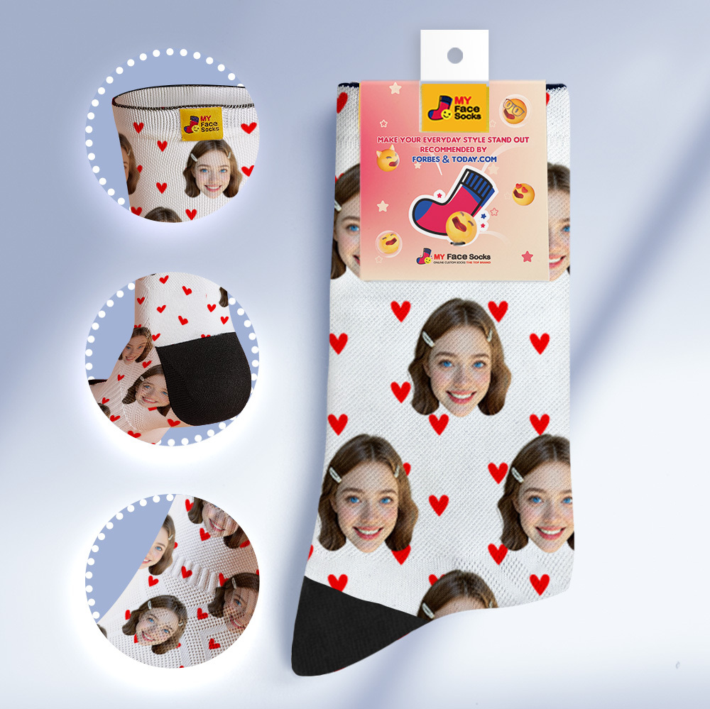 Chaussettes Personnalisées En Forme De Cœur, Chaussettes Rouges Personnalisées Avec Photo De Visages, Cadeau Amusant, Photo De Couple, Chaussettes De Famille - MaPhotochaussetteFr