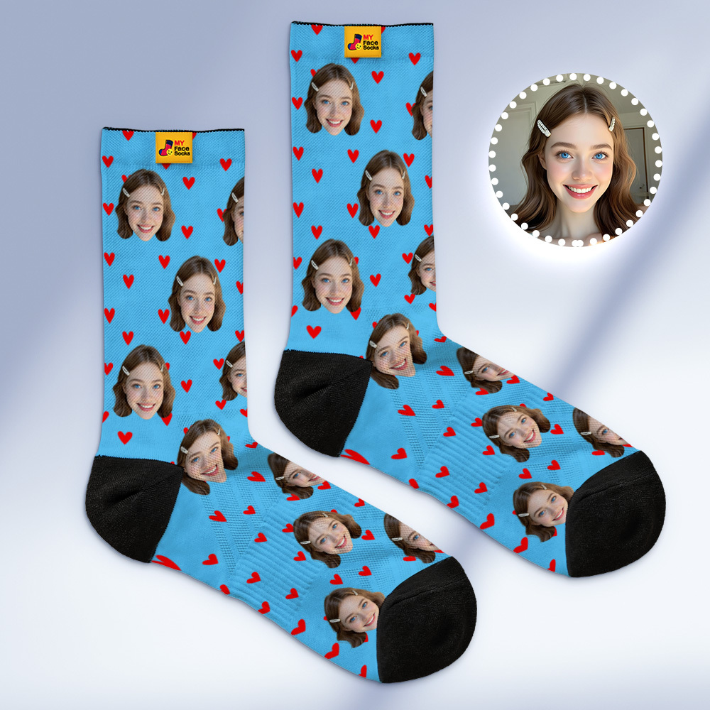 Chaussettes Personnalisées En Forme De Cœur, Chaussettes Rouges Personnalisées Avec Photo De Visages, Cadeau Amusant, Photo De Couple, Chaussettes De Famille - MaPhotochaussetteFr