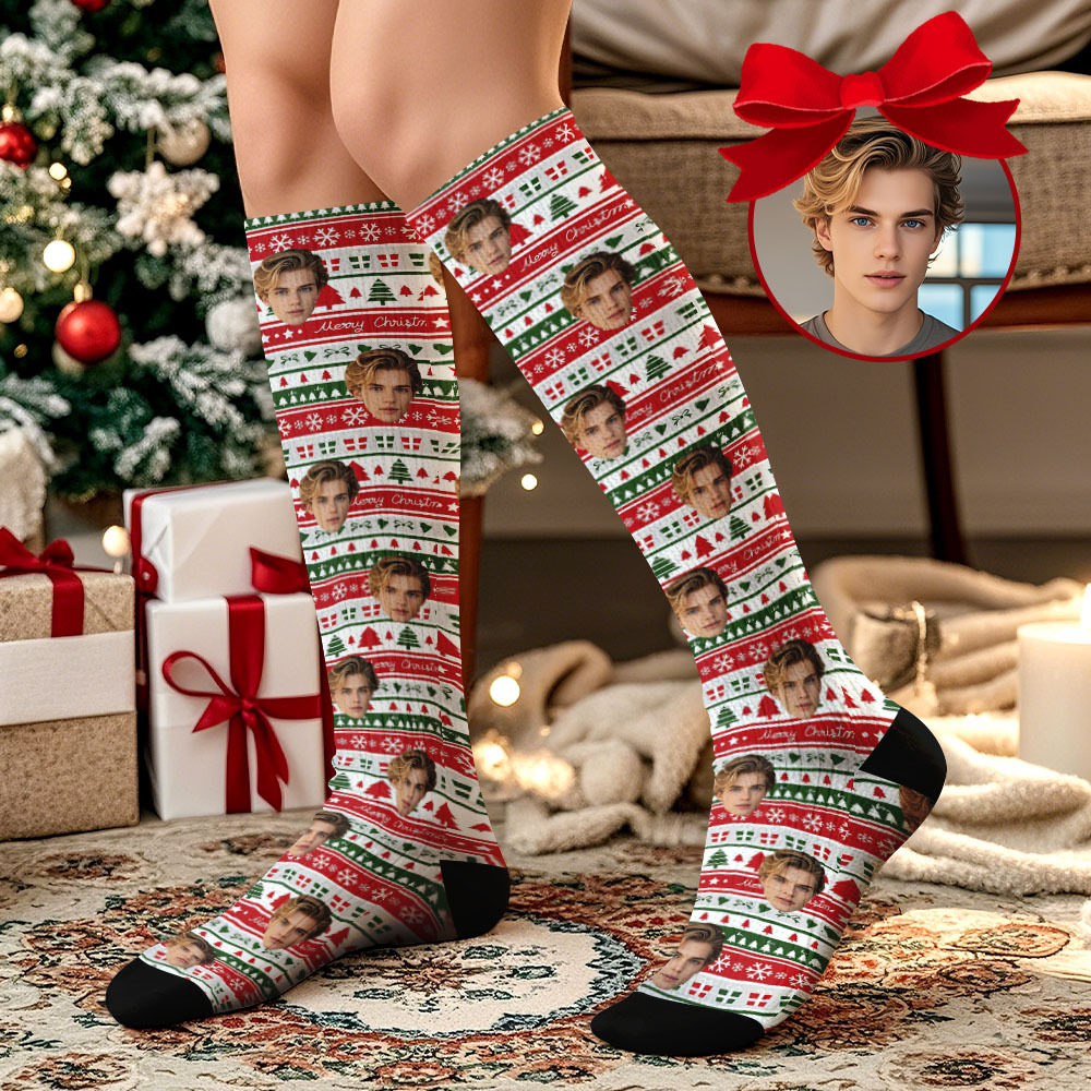 Chaussettes Hautes Personnalisées Pour Le Visage, Chaussettes Chaudes Vintage Personnalisées, Joyeux Noël Pour Les Amoureux, Cadeaux De Noël - MaPhotochaussetteFr