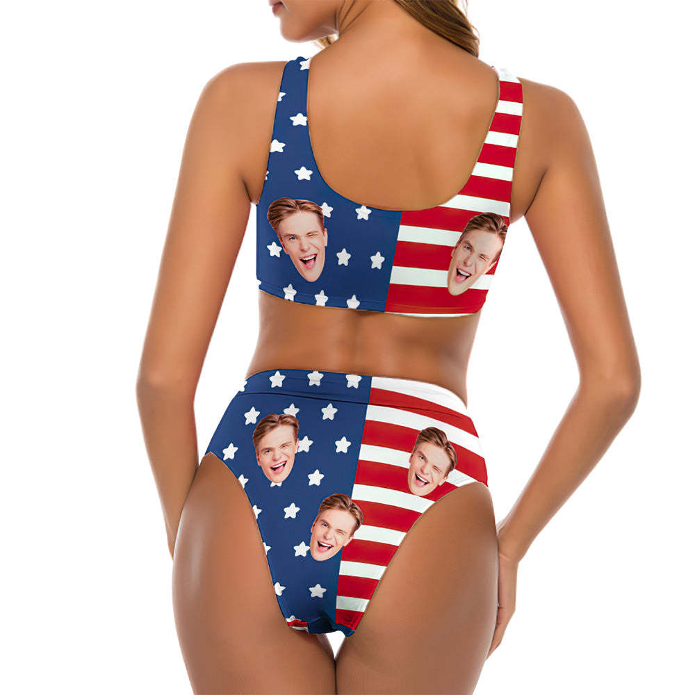 Maillot De Bain Deux Pièces Pour Femme Avec Drapeau Américain Et Visage Personnalisé -