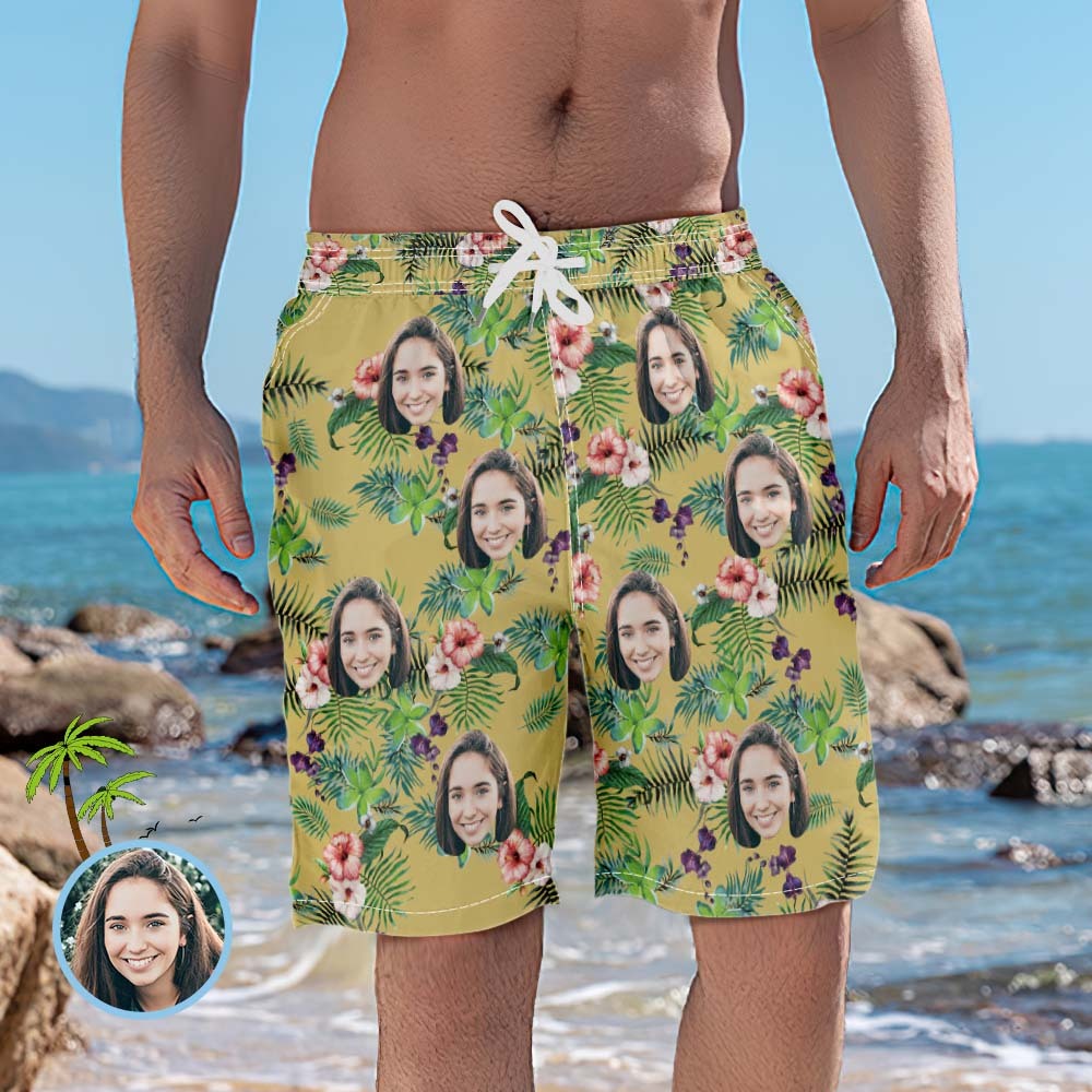 Custom Face Couple Matching Outfits Flowers Green Beach Wear Set -