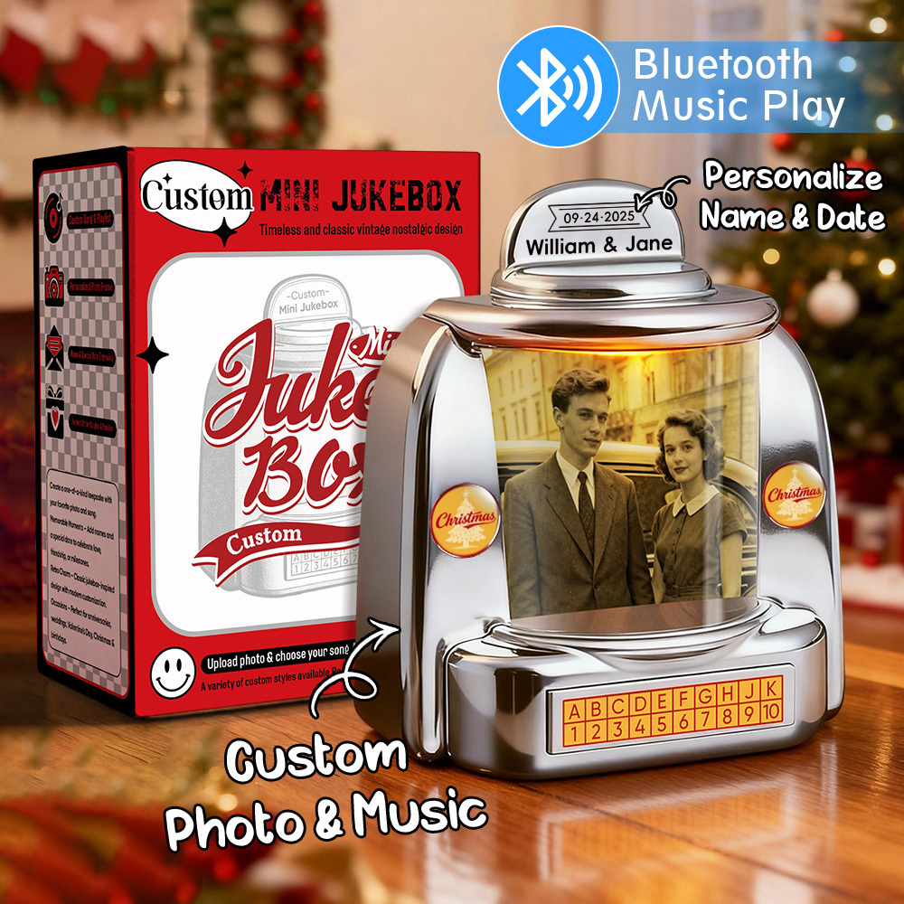Mini Jukebox Rétro Personnalisé – Lecteur De Musique Miniature Avec Photo, Noms Et Date, Radio Bluetooth | Décoration De Table Vintage, Cadeau Nostalgique - MaPhotochaussetteFr