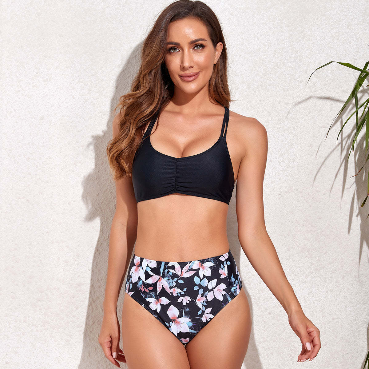 Pleated Bikini Sexy High Waist Printed Split Swimsuit Women