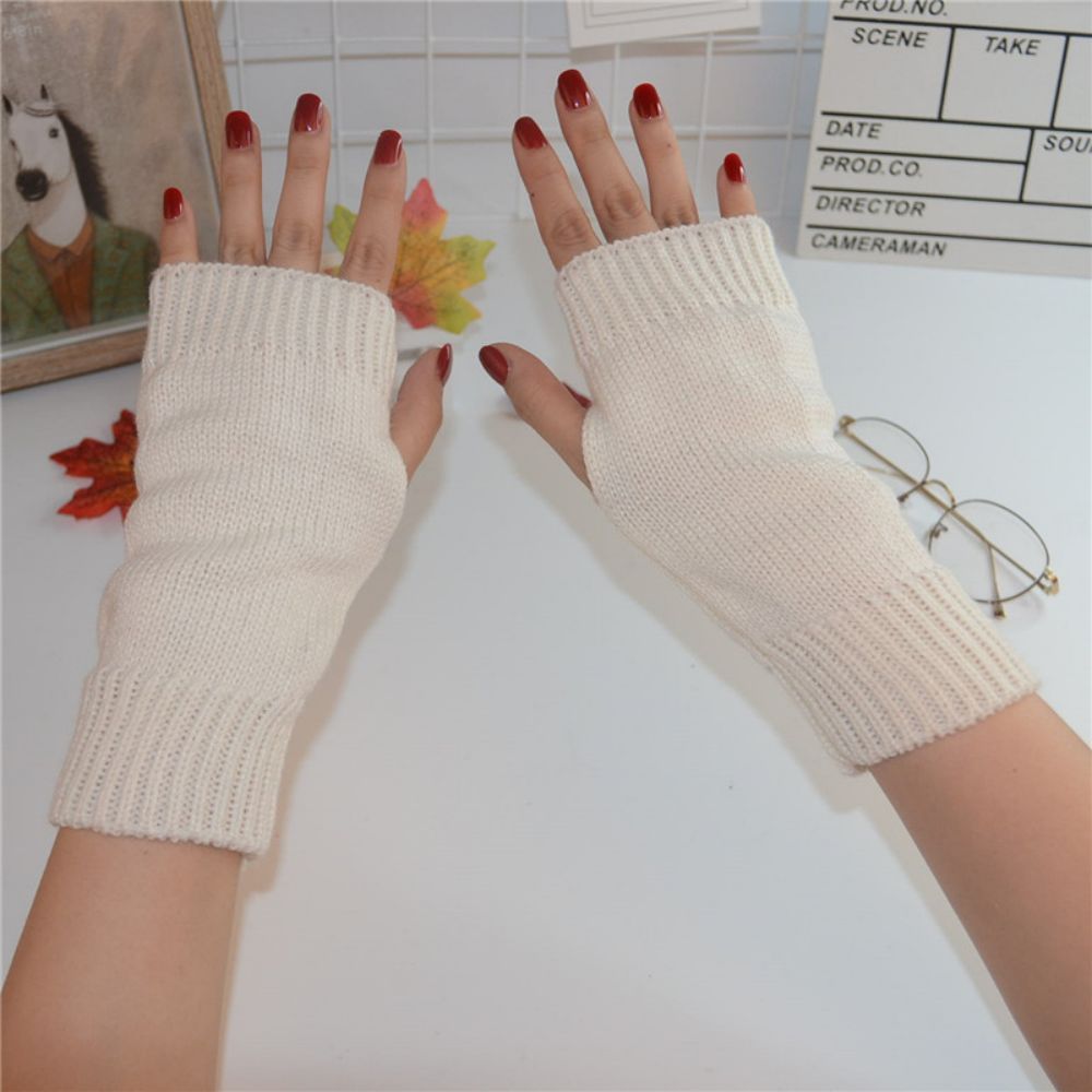 Gants Demi-doigts Pour Dames En Tricot De Couleur Unie Courts Et Chauds Pour L'hiver -
