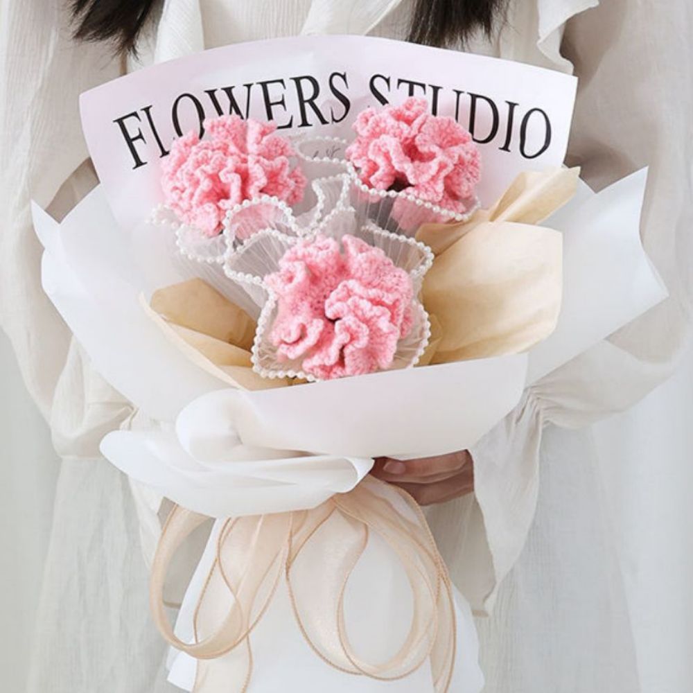 Bouquet De Fleurs Au Crochet Cadeau De Bouquet D'oeillets Tricoté À La Main Pour Elle -