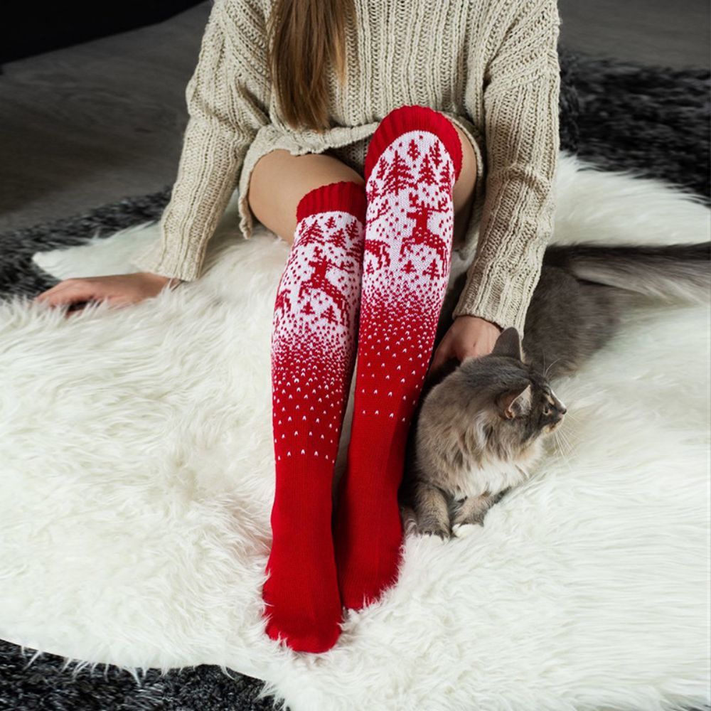 Femmes Hiver Jambières Tricot Chaussettes Noël Elk Rouge Longue Laine Sur Les Chaussettes De Pile De Genou -