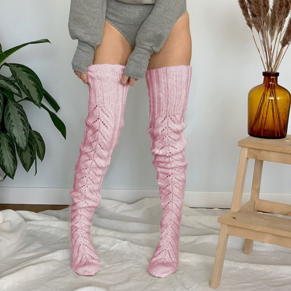 Hiver Solide Couleur Maille Creuse Long Tube Sur Le Genou Pile Chaussettes Femmes Chaussettes Tricotées -