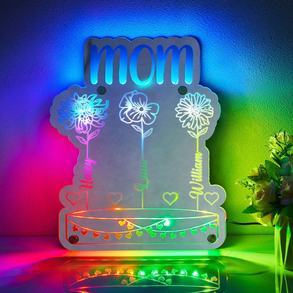 Miroir Lumineux Led Personnalisé « jardin Des Mamans » Avec Fleurs Et Noms, Cadeau Pour La Fête Des Mères - MaPhotochaussetteFr