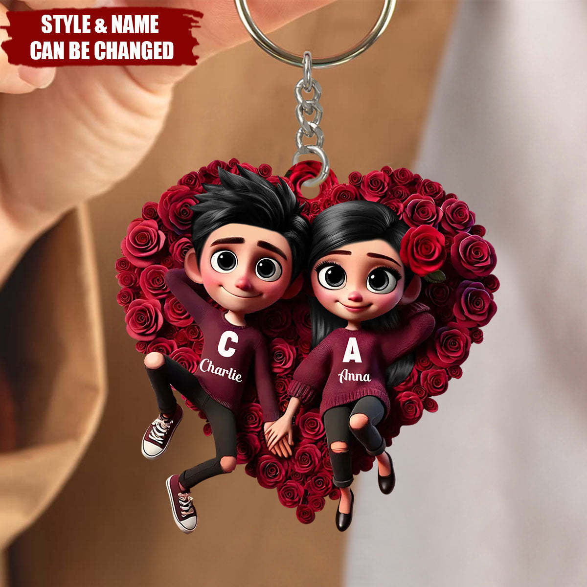Porte-clés Couple Romantique Coeur Rose - Cadeau Personnalisé Saint Valentin