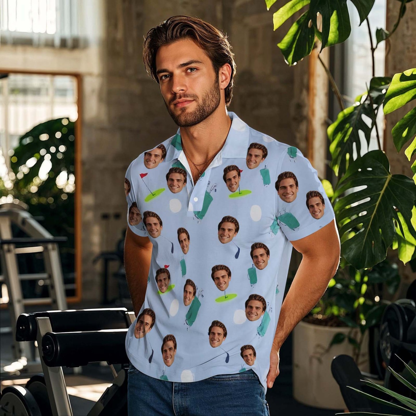 Polo Personnalisé Pour Golfeur Avec Visage Sur Chemise, Cadeaux Pour Mari, Chemise De Golf Verte À Manches Courtes Personnalisée Pour Parcours De Golf - MaPhotochaussetteFr