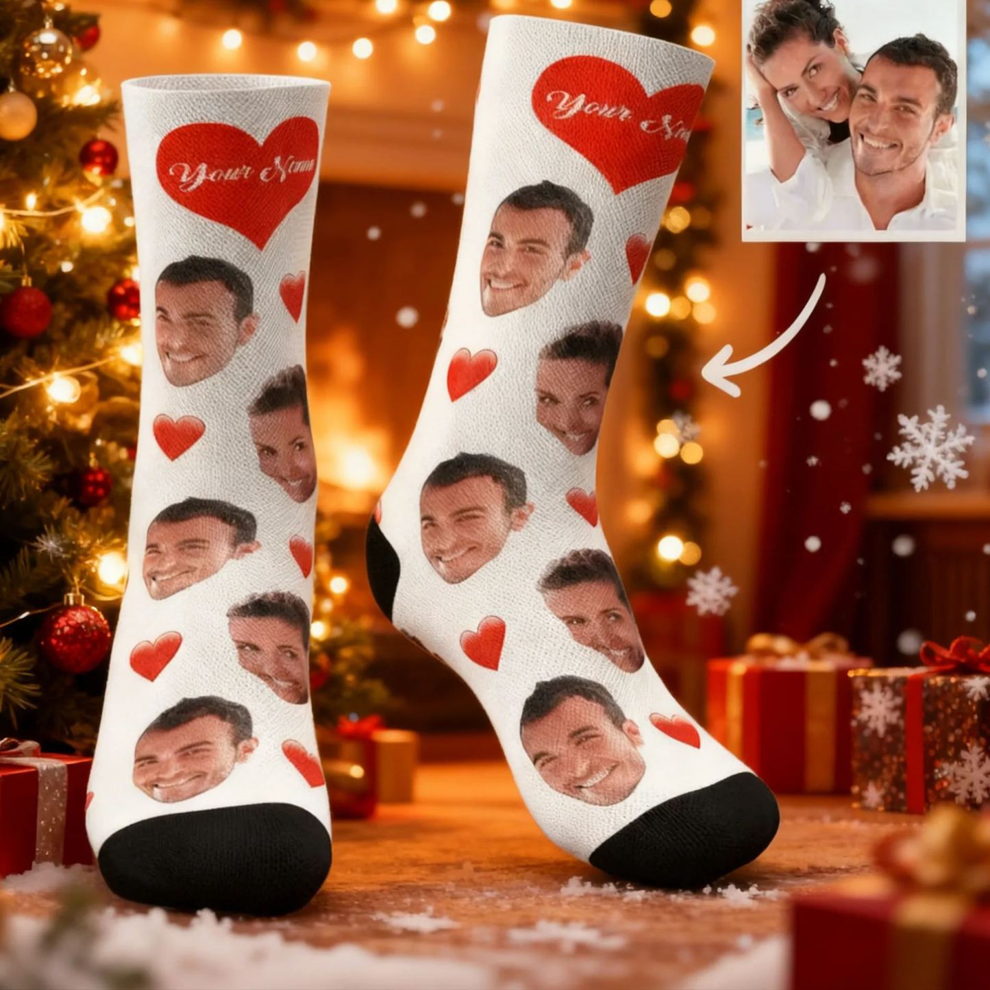 Cadeaux De Noël De Chaussettes De Coeur De Visage Personnalisés