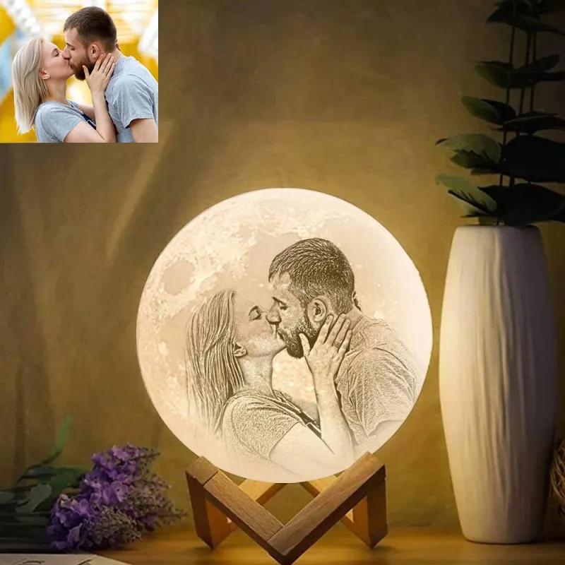 Aangepaste 3d Foto Maanlamp &met Uw Tekst- Touch 2 Couleurs - MaPhotochaussetteFr