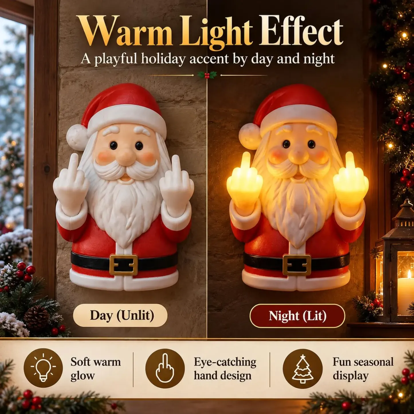 Lumière Murale Drôle De Doigt Du Milieu Du Père Noël, Décor De Nouveauté De Noël, Lampe De Père Noël LED Chaude, Cadeau De Vacances Pour Adultes, Accent Mural De Noël Effronté - MaPhotochaussetteFr